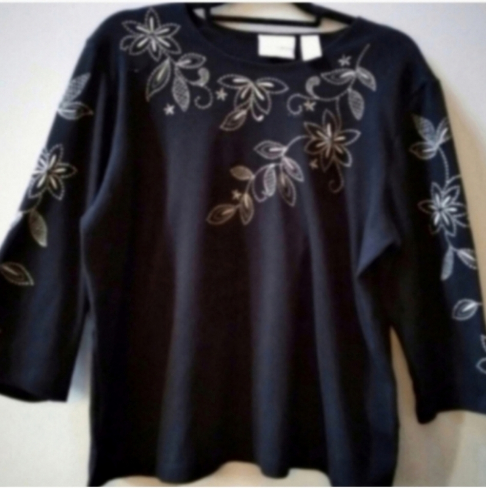 Alfred Dunner Black W Gold Floral Embroidered Top Women's L 3/4 Sleeve Career